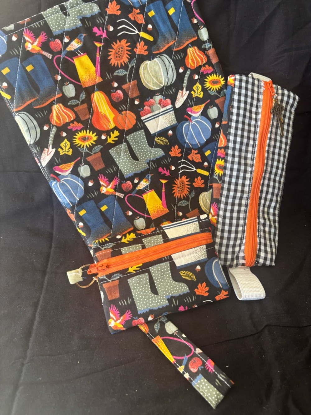 Black Fall Harvest Quilted Wristlet with Orange Zipper